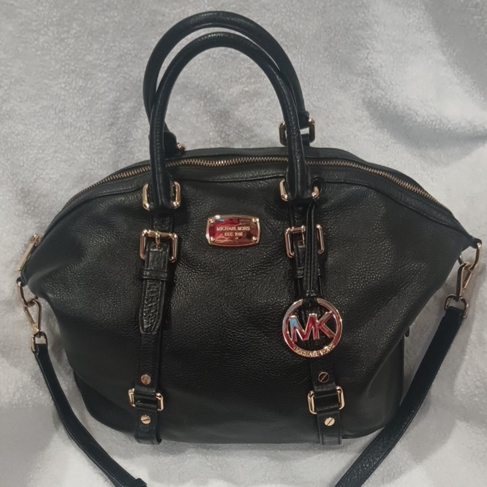 Michael Kors Black Leather Satchel with Gold Accents